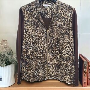 TanJay Animal Print Cardigan Sweater Womens Large Brown Full Zip Long Sleeve